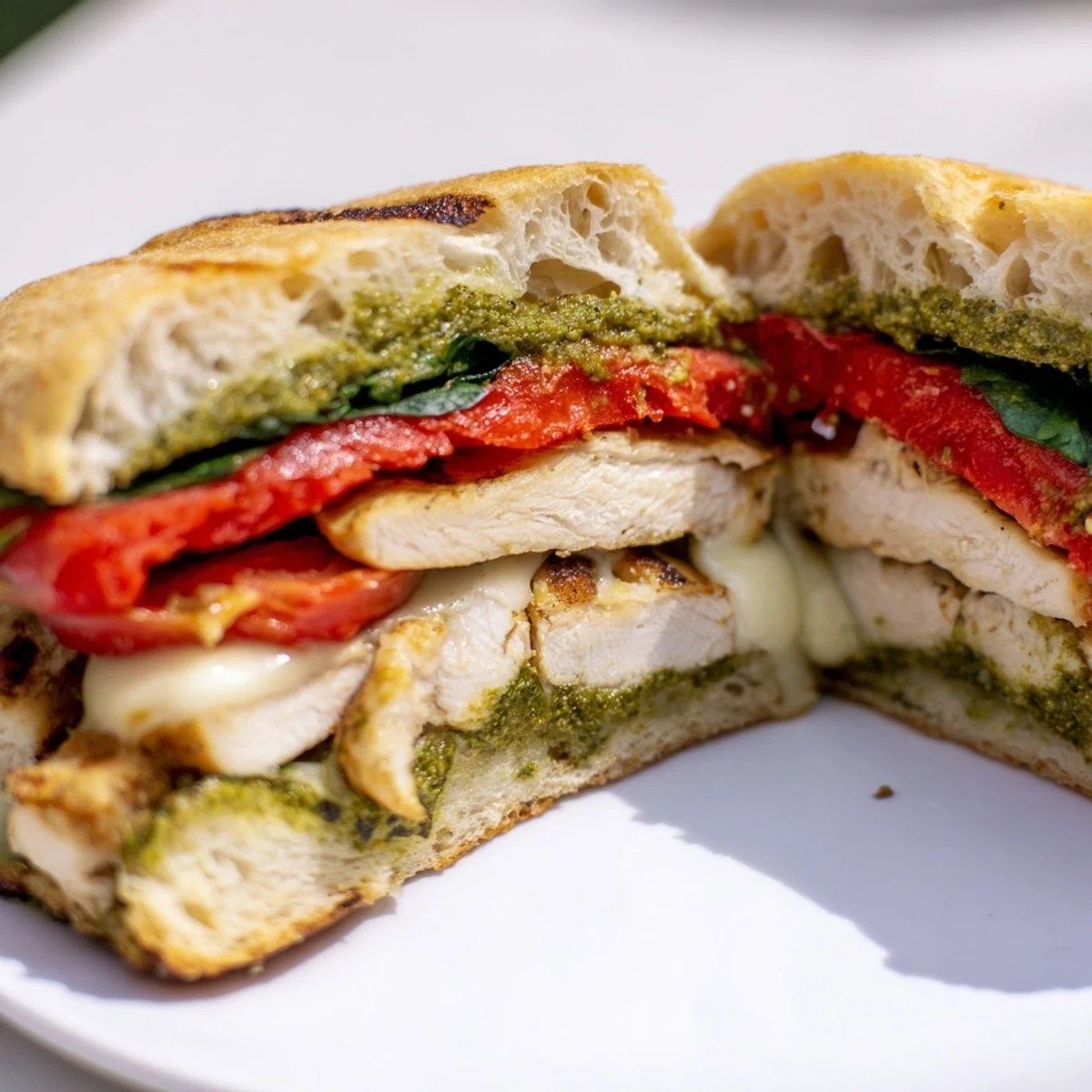 Golden grilled chicken pesto sandwich recipe stacked on toasted ciabatta with melted mozzarella