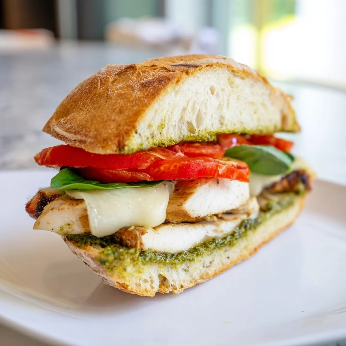 Chicken pesto sandwich recipe served on a rustic cutting board with melted cheese oozing