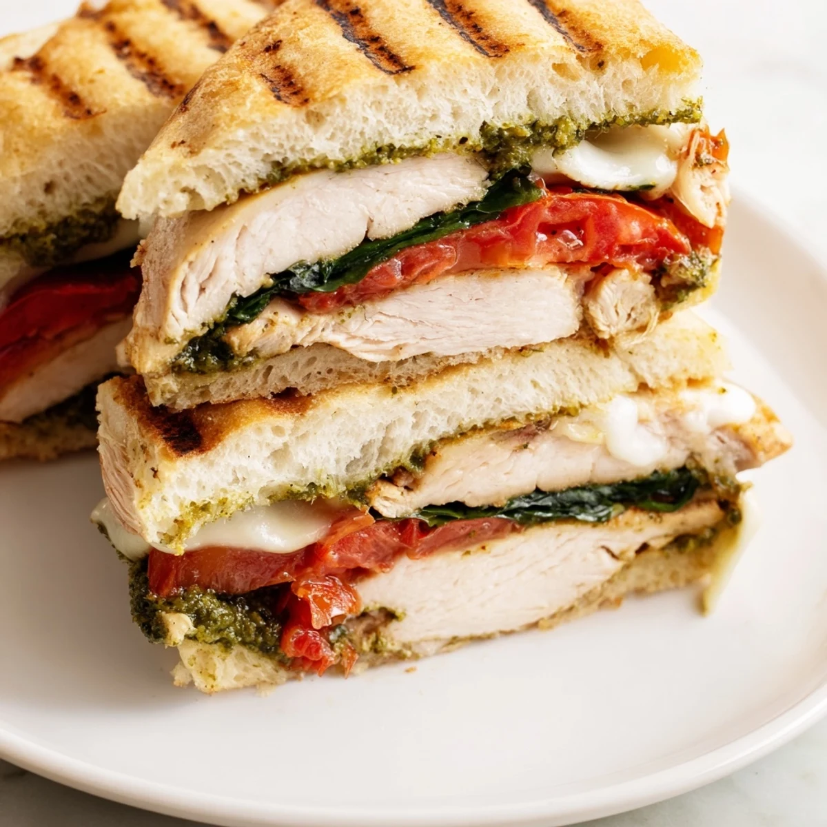 Warm chicken pesto sandwich recipe sliced open revealing juicy chicken, tomato, and fresh arugula