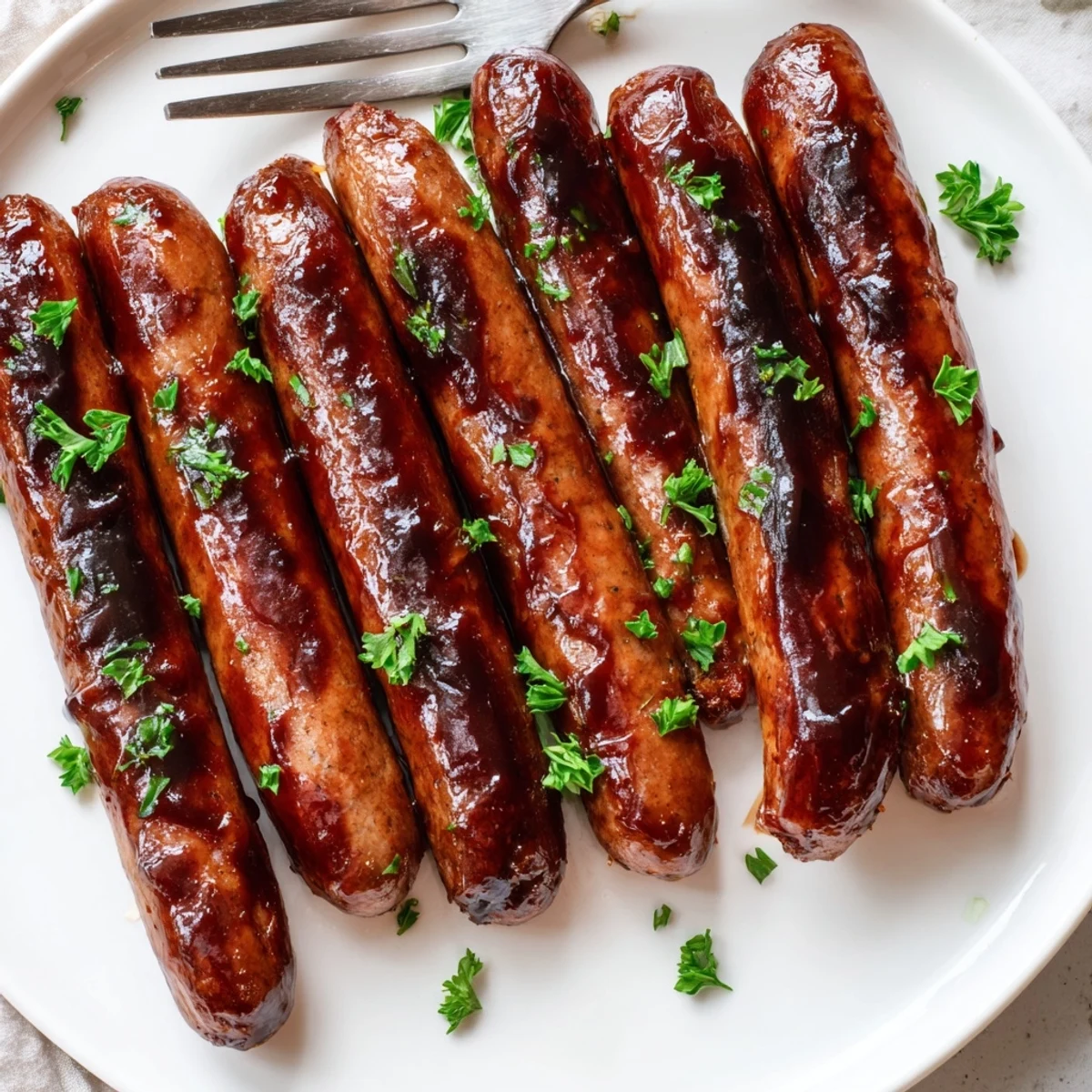 Juicy grilled BBQ sausage recipe glazed with sticky caramelized barbecue sauce