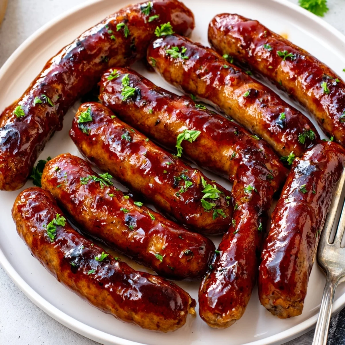 Smoky BBQ sausage recipe served on soft rolls with fresh parsley