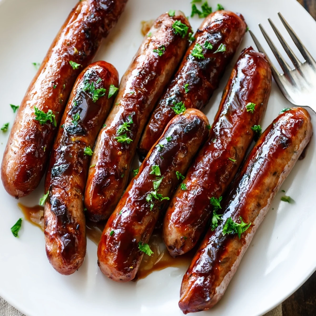 Tangy BBQ sausage recipe with charred grill marks and honey glaze