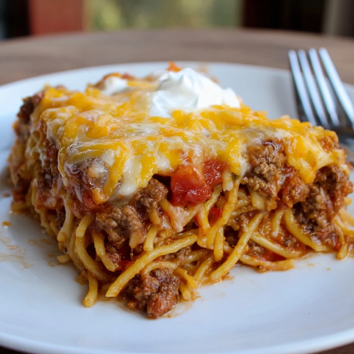 Beef Lombardi Casserole bubbling golden with melted cheddar, fresh parsley garnish