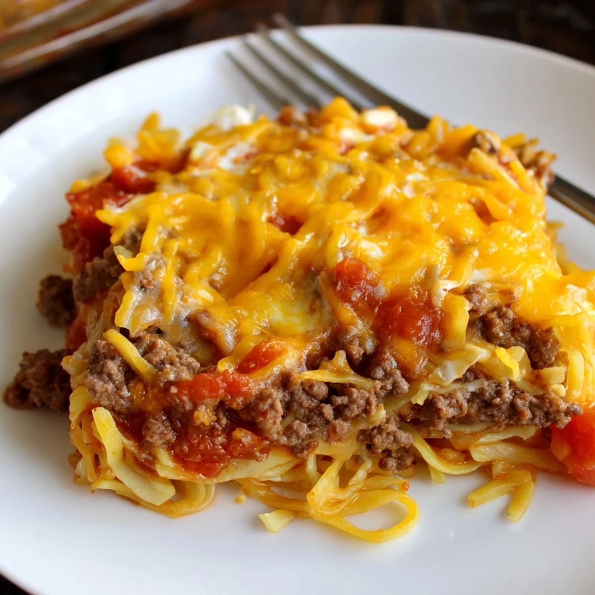 Hearty Beef Lombardi Casserole steaming straight from oven, creamy noodle layers