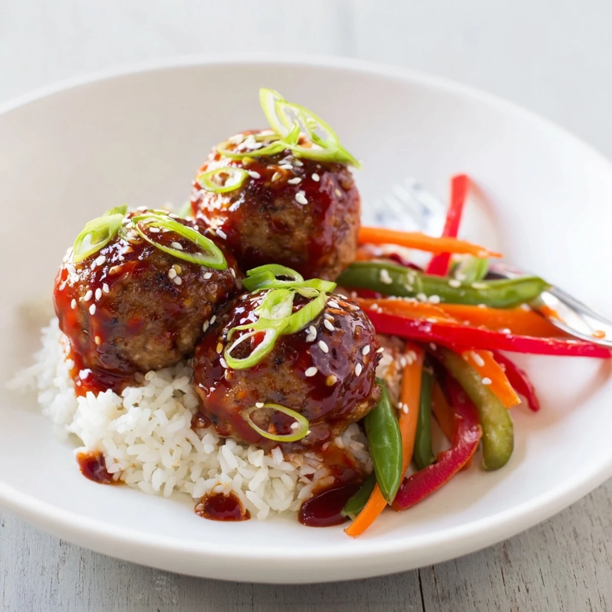 Hello Fresh Firecracker Meatballs glazed in sticky spicy-sweet sauce over jasmine rice