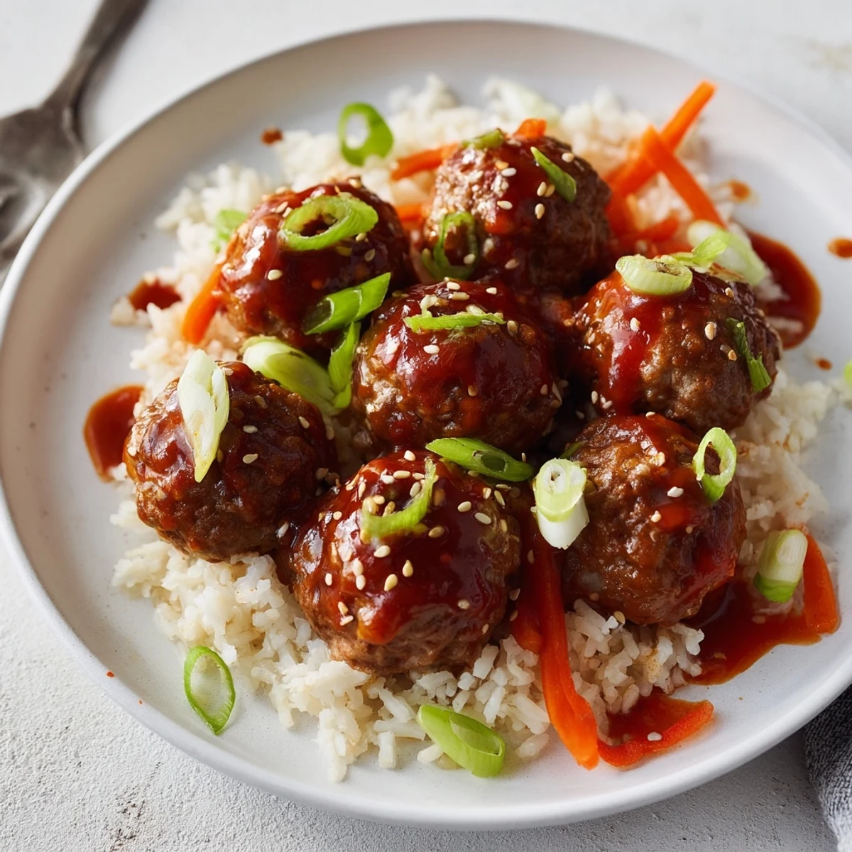 Baked Hello Fresh Firecracker Meatballs nestled beside crisp sauteed vegetables, sesame garnish