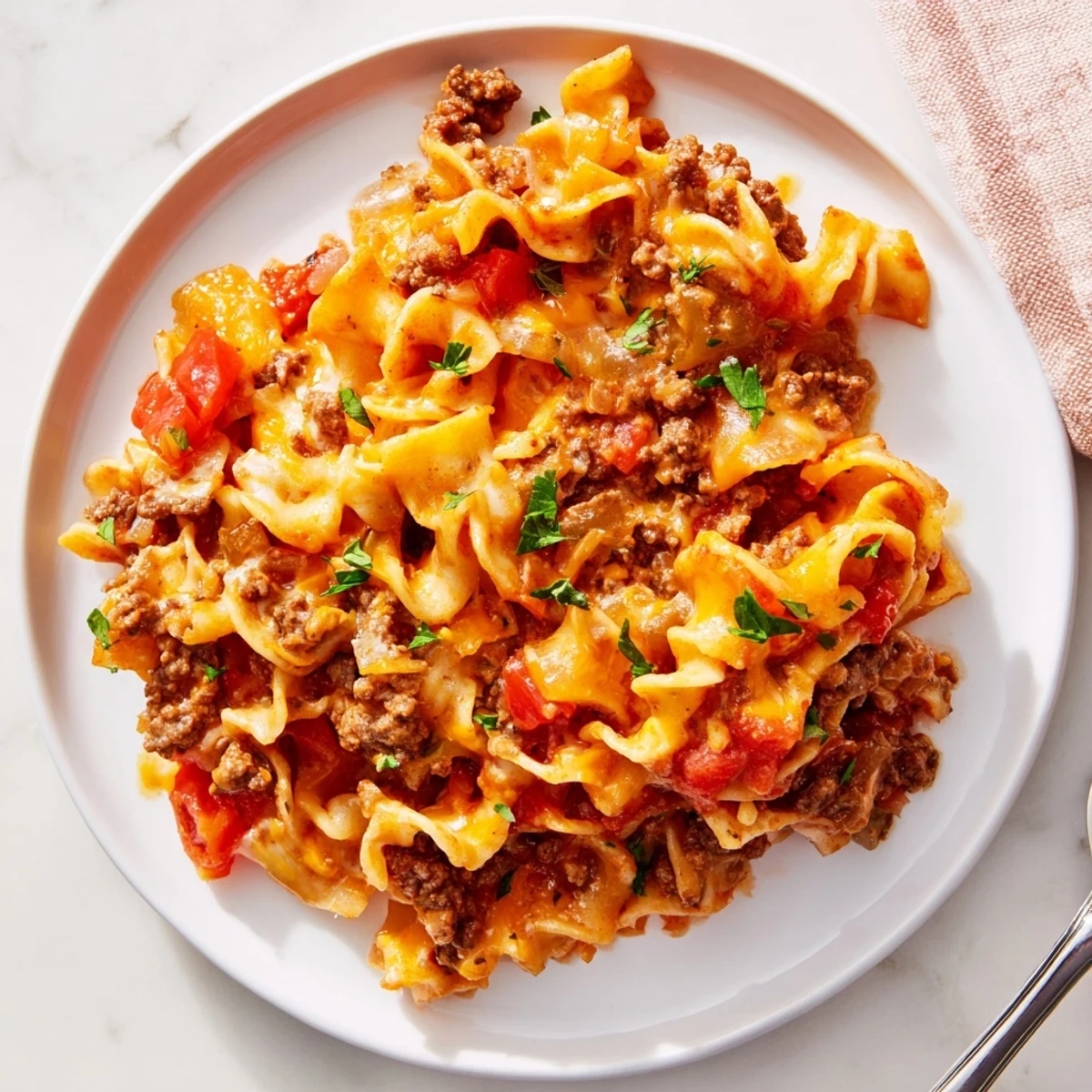 Hearty Beef Noodle Casserole bubbling with melted cheddar, golden edges, parsley garnish