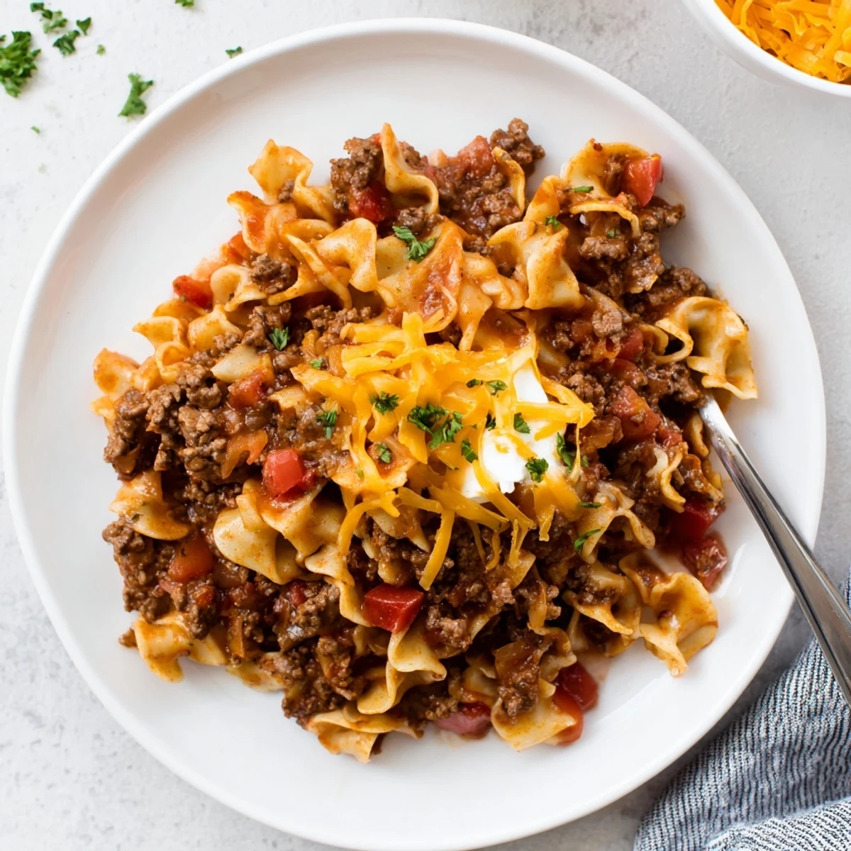 Slice of Beef Noodle Casserole on plate, tender beef, saucy noodles steaming