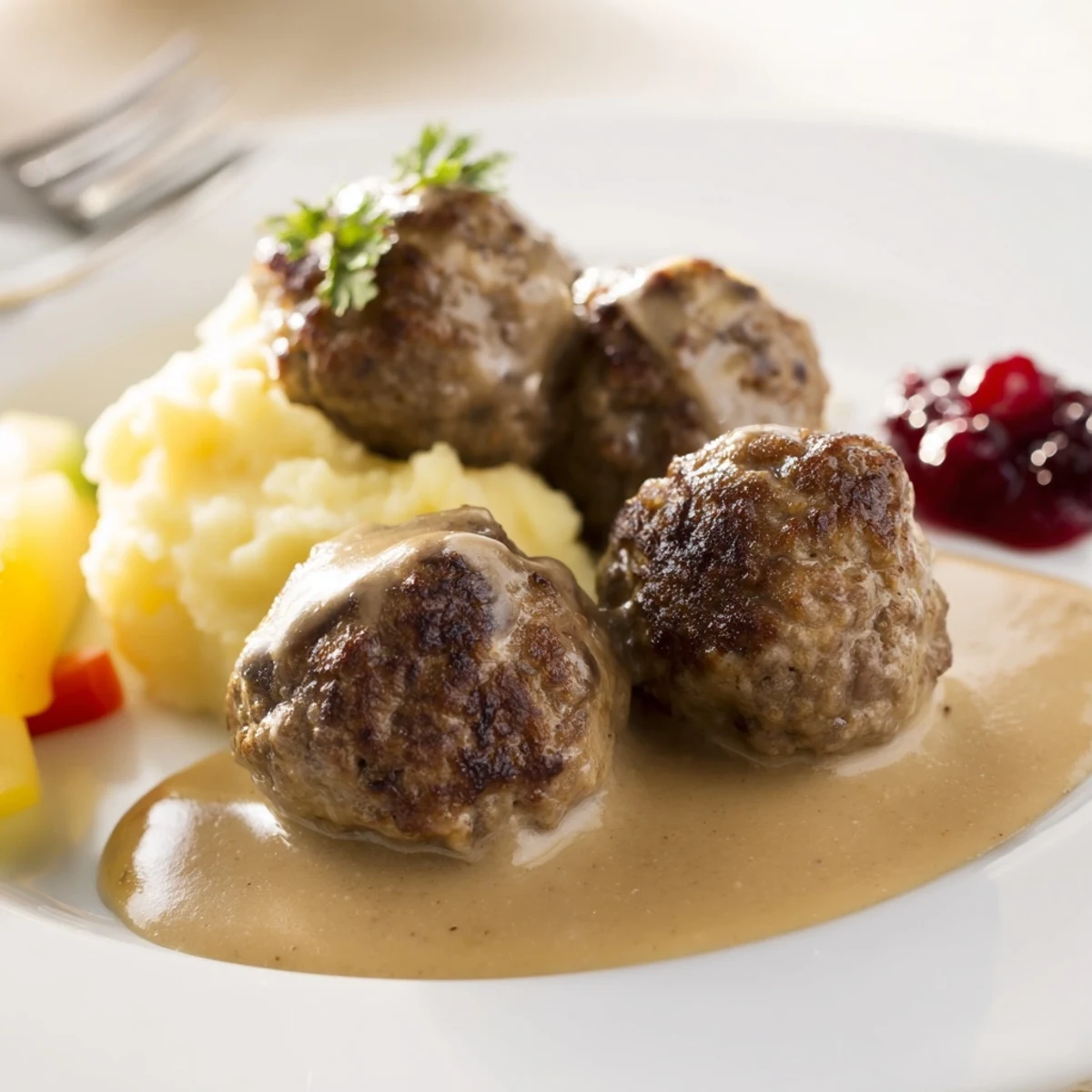 Homemade Ikea Meatballs sizzling golden in skillet, rich gravy spoon nearby