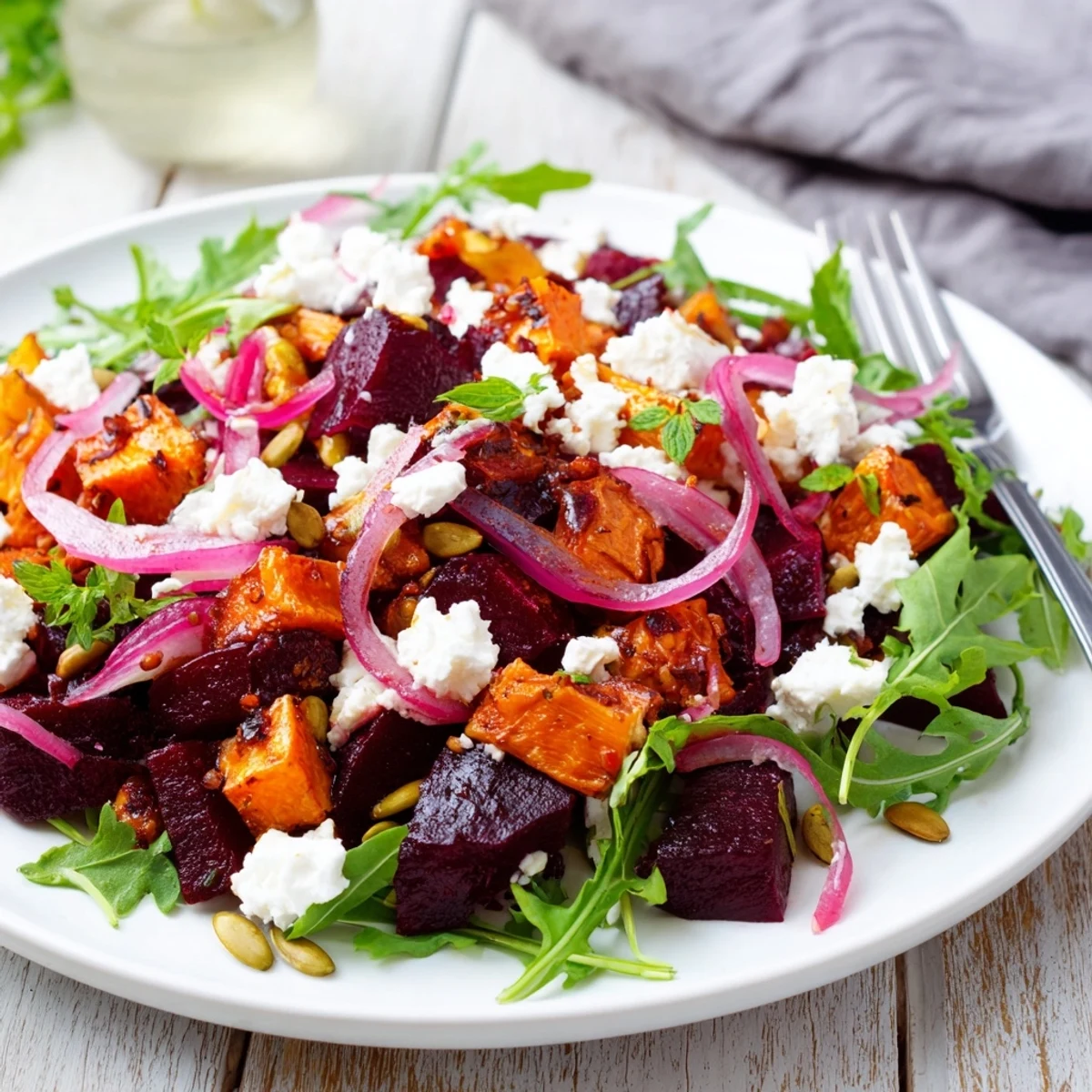 Creamy Roasted Beet Salad With Sweet Potato Feta, roasted beet sweetness and tangy feta