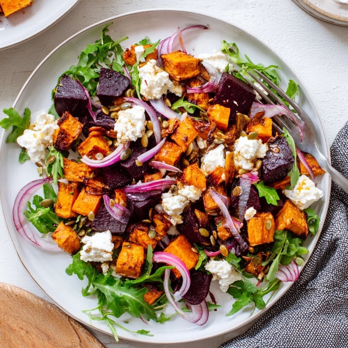 Serve Creamy Roasted Beet Salad With Sweet Potato Feta chilled with toasted pumpkin seeds