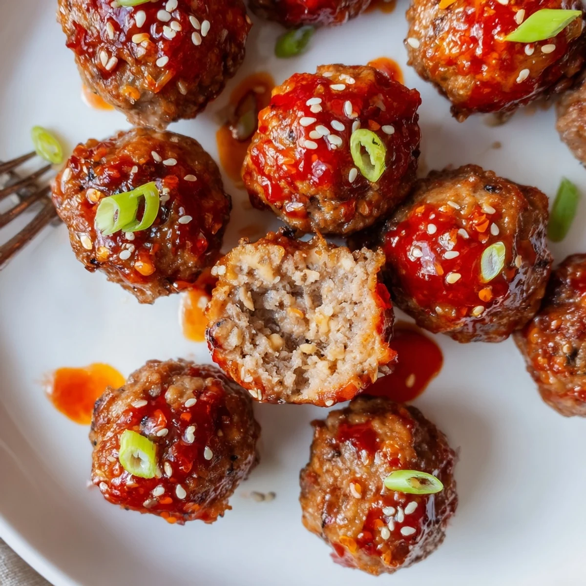 Firecracker Meatballs glossy in spicy sweet sauce, sesame garnish, steaming over rice