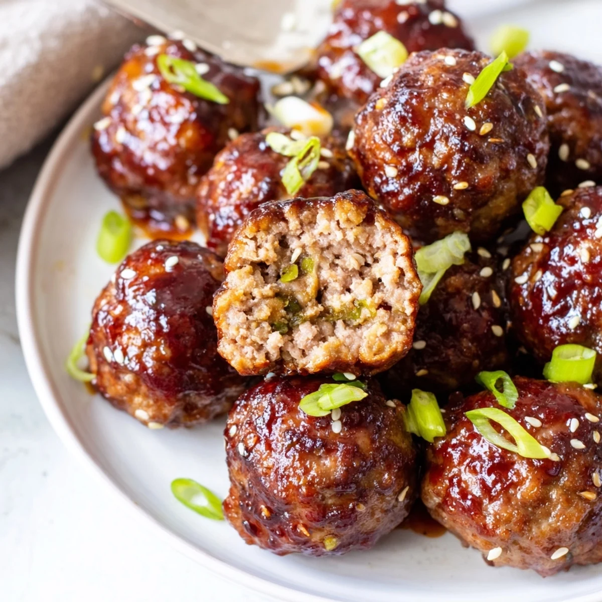 Baked Firecracker Meatballs piled on platter, sticky glaze and sliced scallions