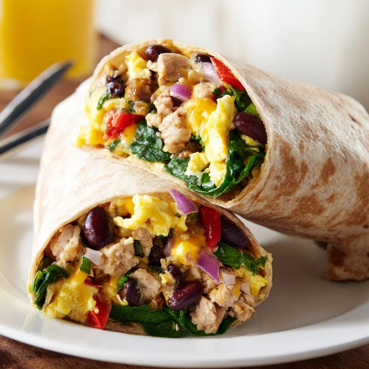 Warm Protein Breakfast Burrito sliced in half, steam rising, served with salsa