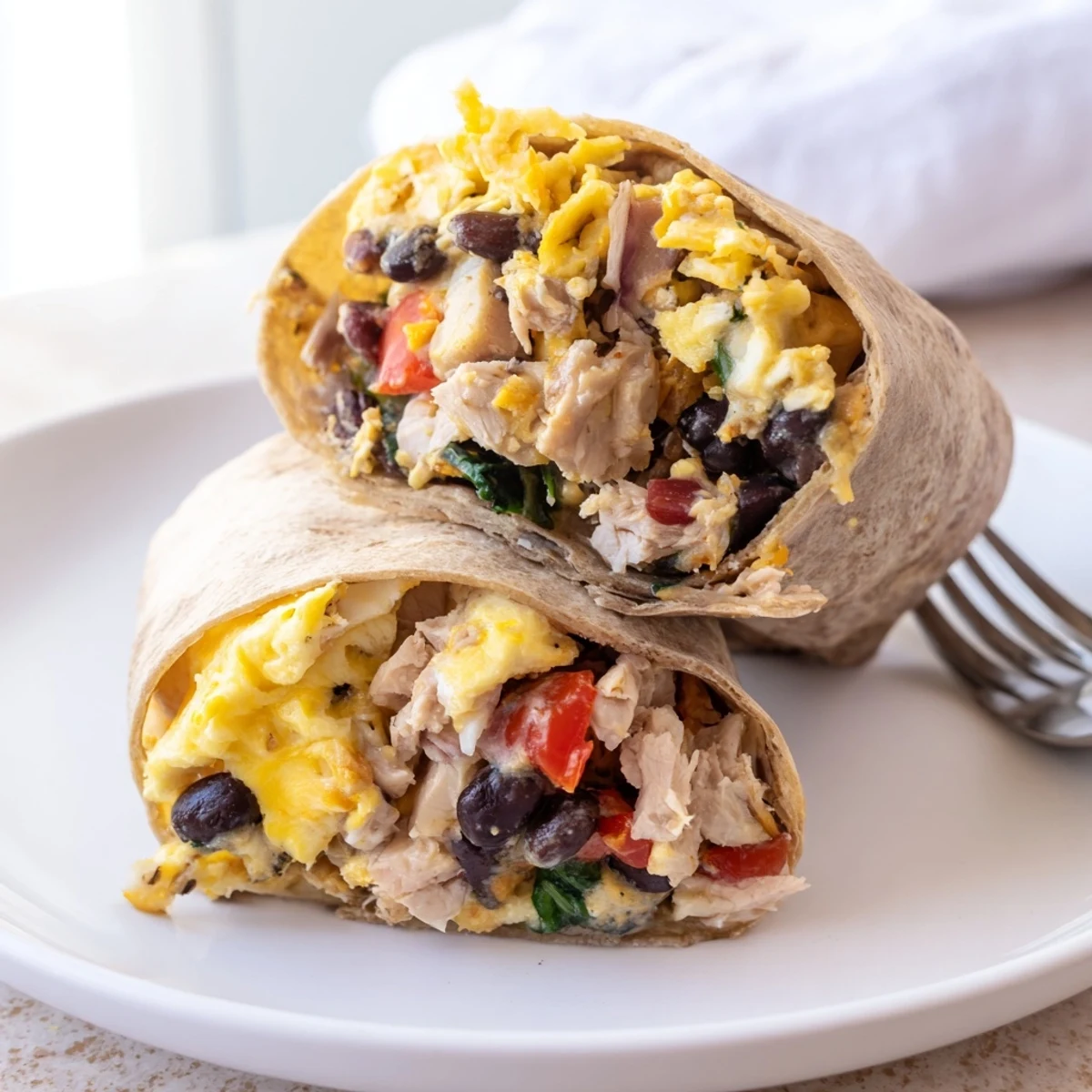 Protein Breakfast Burrito overflowing with melted cheddar, turkey, and sauteed peppers