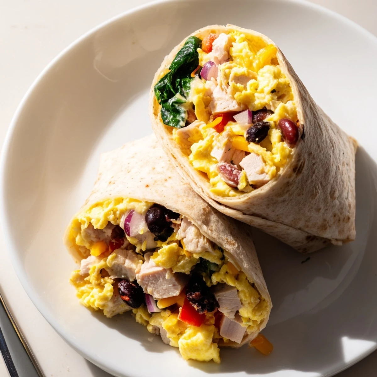 Hearty Protein Breakfast Burrito wrapped in whole wheat tortilla, spinach and beans peeking