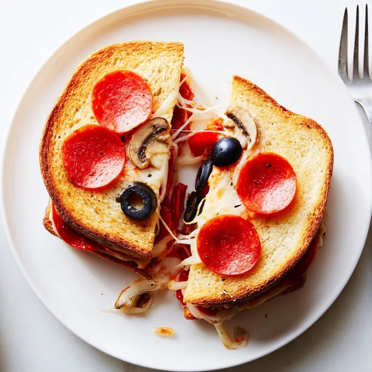 Stacked Pie Iron Pizza Pockets on plate, fragrant tomato sauce, herbs visible.