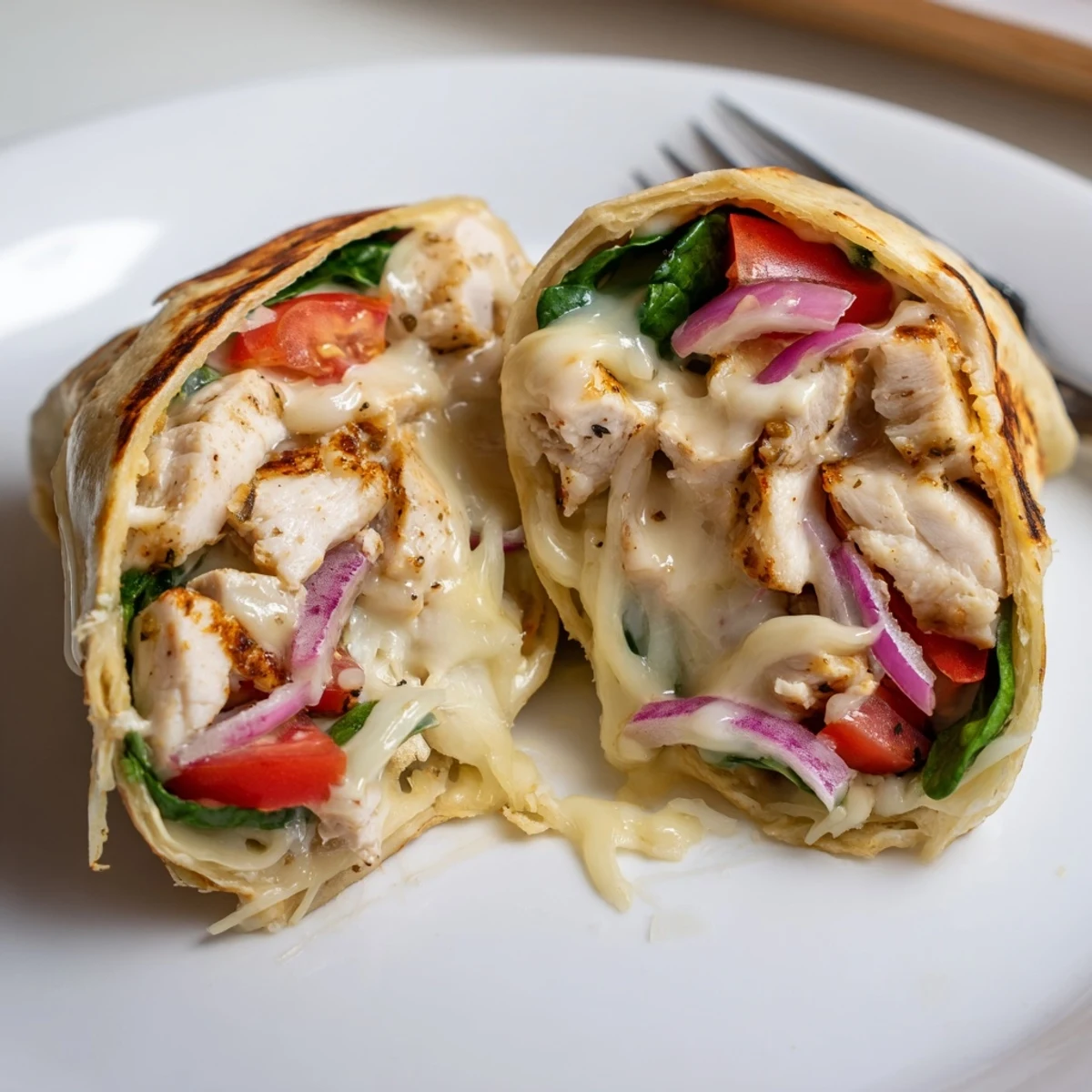 Warm, grilled halves of Cozy Cheesy Garlic Chicken Wraps with crisp spinach  