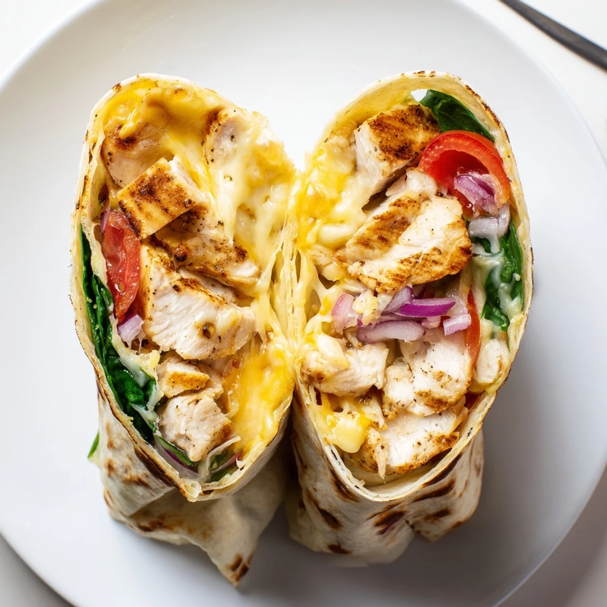 A steaming plate shows Cozy Cheesy Garlic Chicken Wraps, juicy tomato, buttery crust