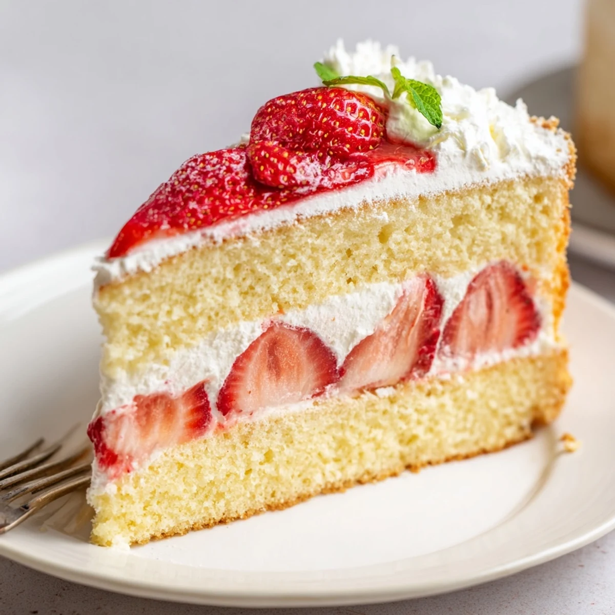 Strawberries And Cream Sponge Cake with pillowy sponge, whipped cream, sliced berries