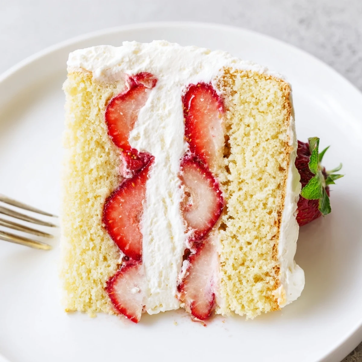 Homemade sponge layered dessert: Strawberries And Cream Sponge Cake, juicy berries and mint