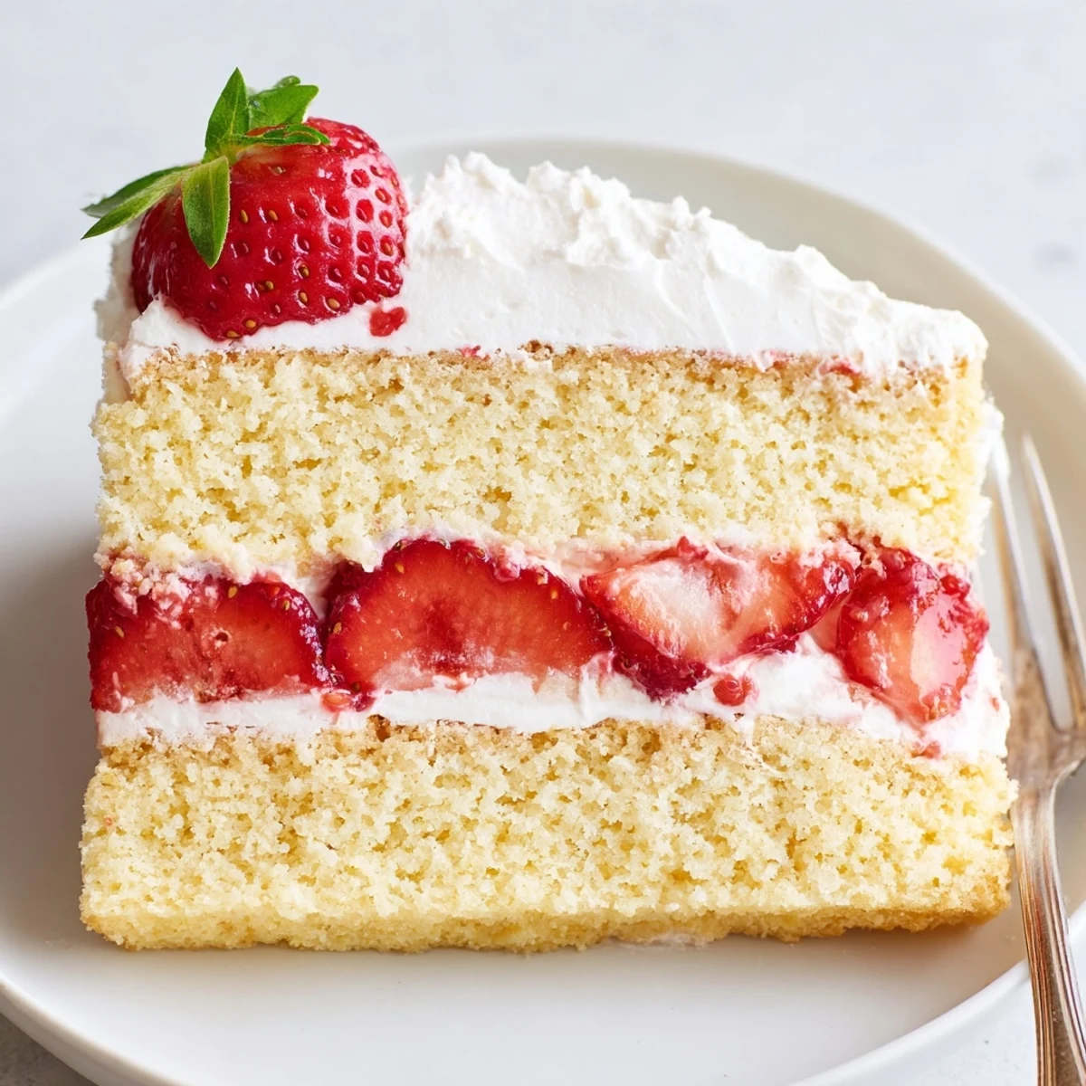 A plated slice of light Strawberries And Cream Sponge Cake, cream softly oozing