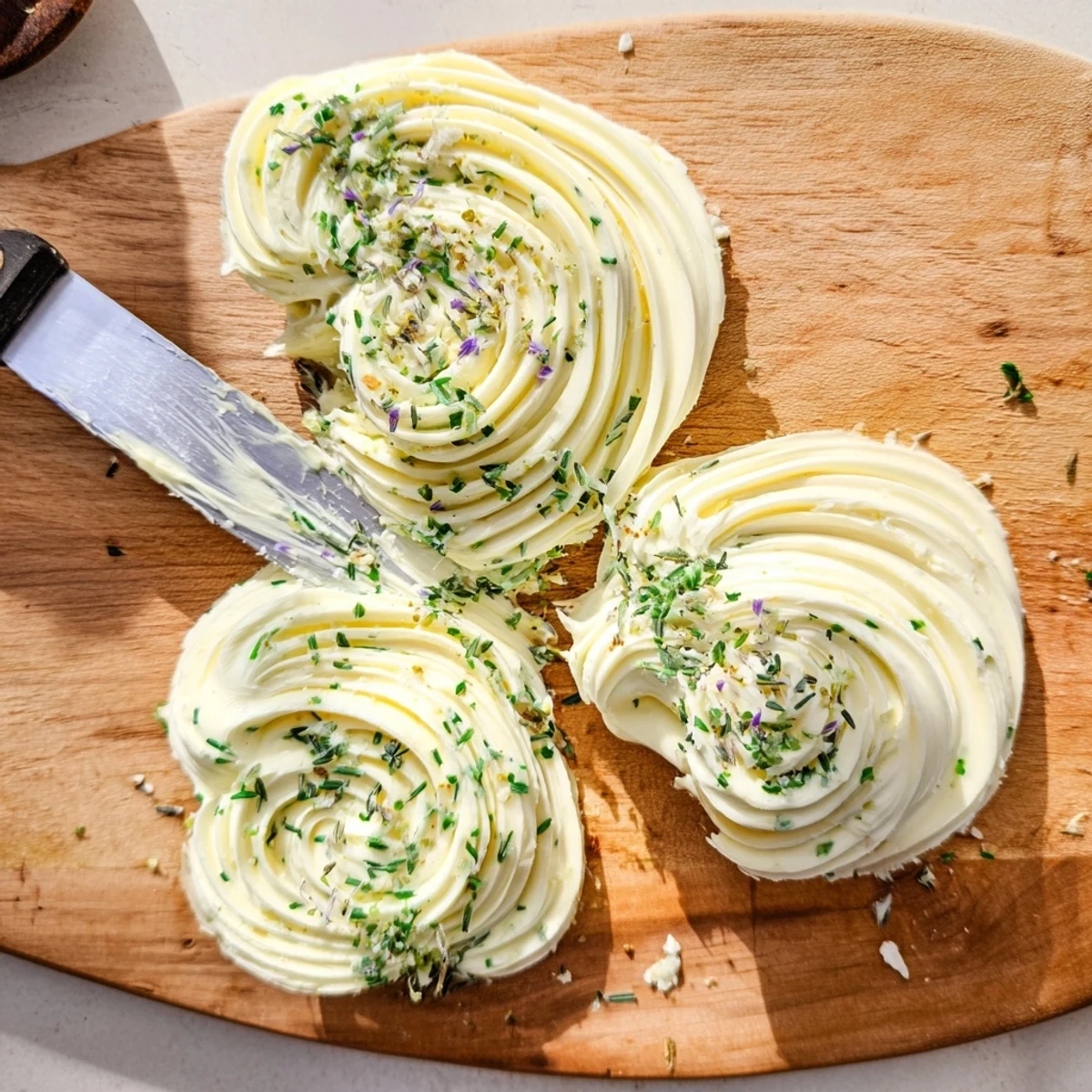 Rustic Creamy Herb Infused Butter Board with swirls, olive oil drizzle, crusty bread