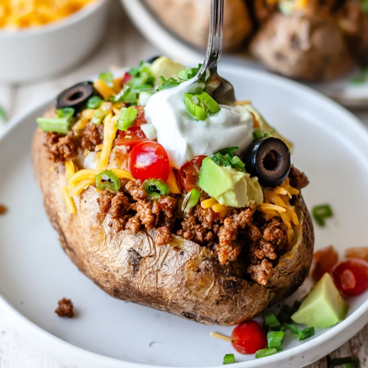Taco Loaded Baked Potatoes steaming with melted cheddar, pico, avocado, cilantro garnish