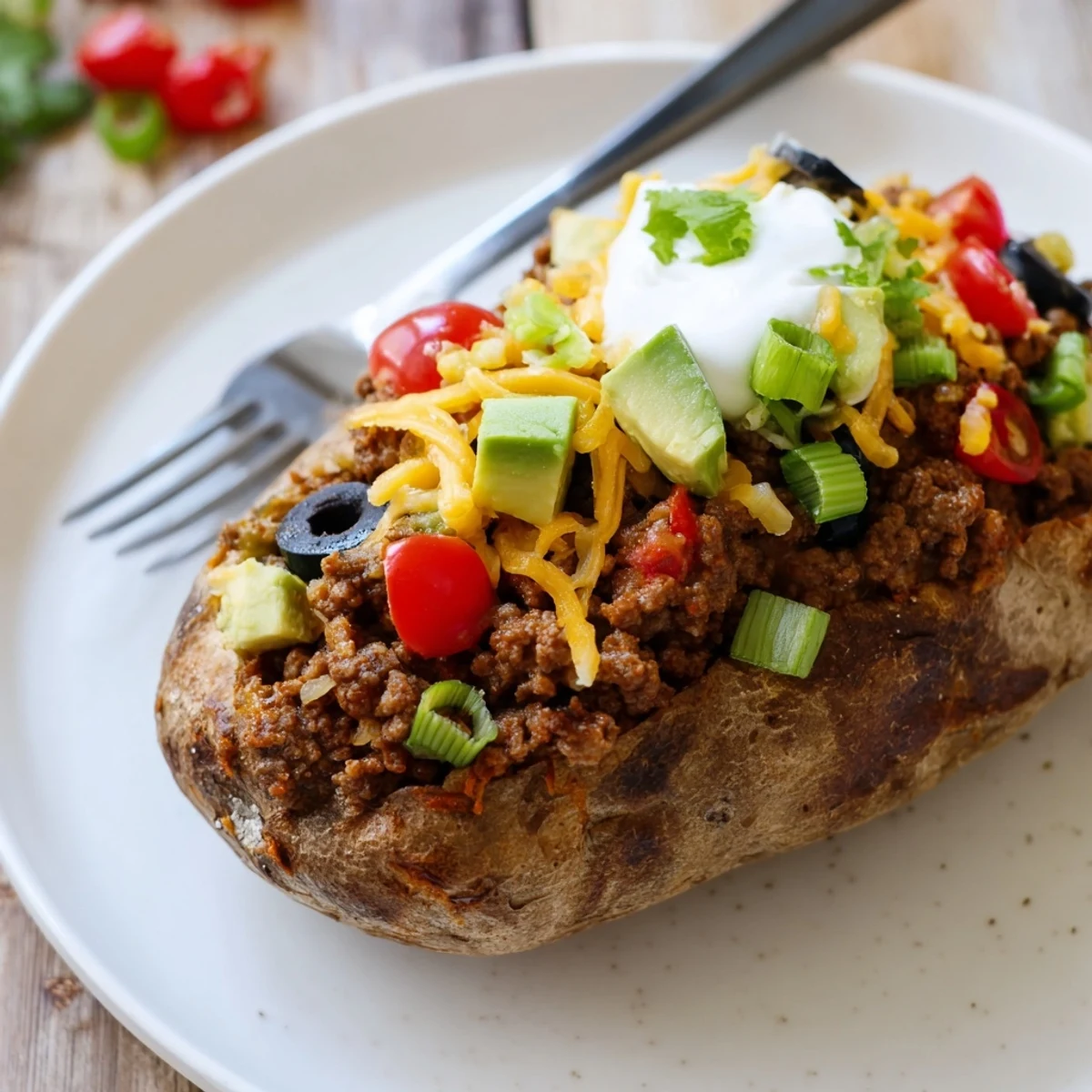 Oven-browned Taco Loaded Baked Potatoes split open, stuffed with seasoned beef