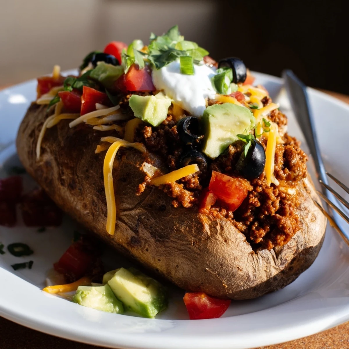 Family-style Taco Loaded Baked Potatoes topped with sour cream, olives, green onions
