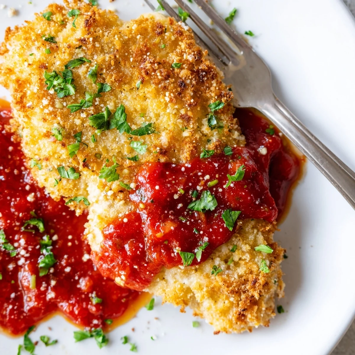 Parmesan Roasted Red Pepper Chicken on plate, golden crust and smoky sauce