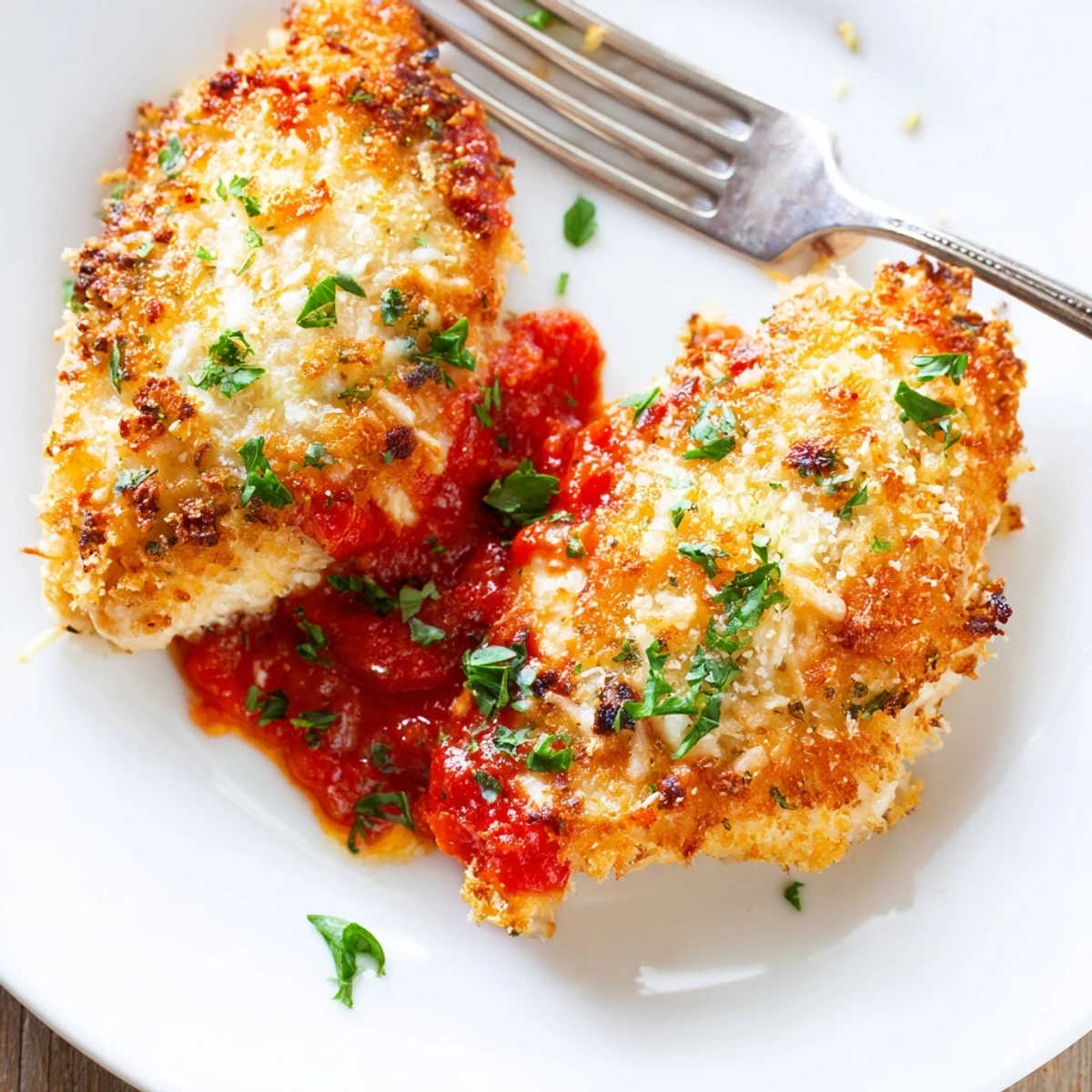 Sliced Parmesan Roasted Red Pepper Chicken with vibrant sauce over pasta