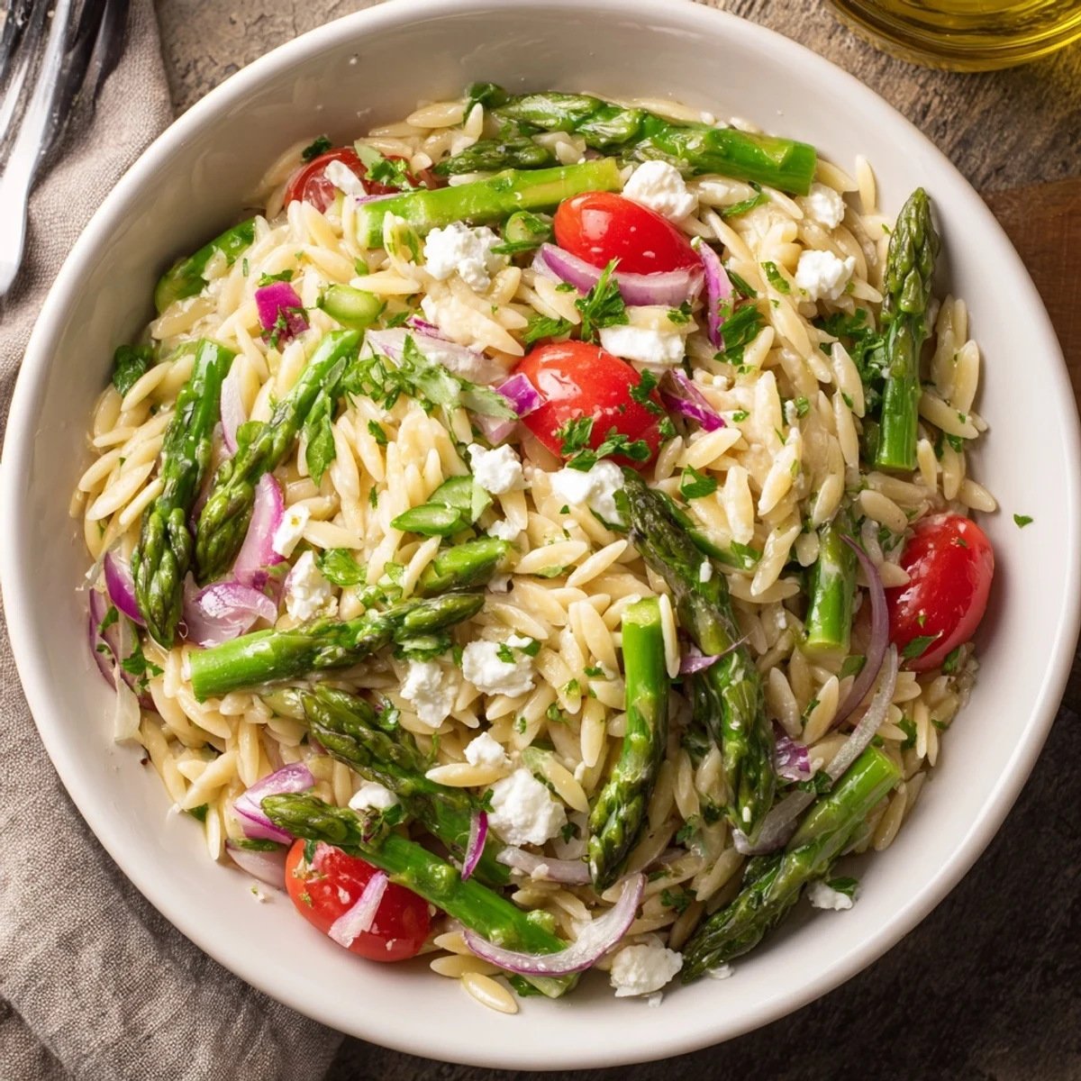 Bright Asparagus Orzo Salad With Lemon Vinaigrette, chilled, studded with cherry tomatoes
