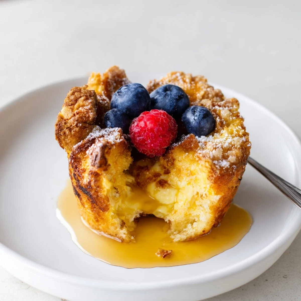 Baked French Toast Cups golden-crisp edges, pillowy centers, topped with fresh berries.