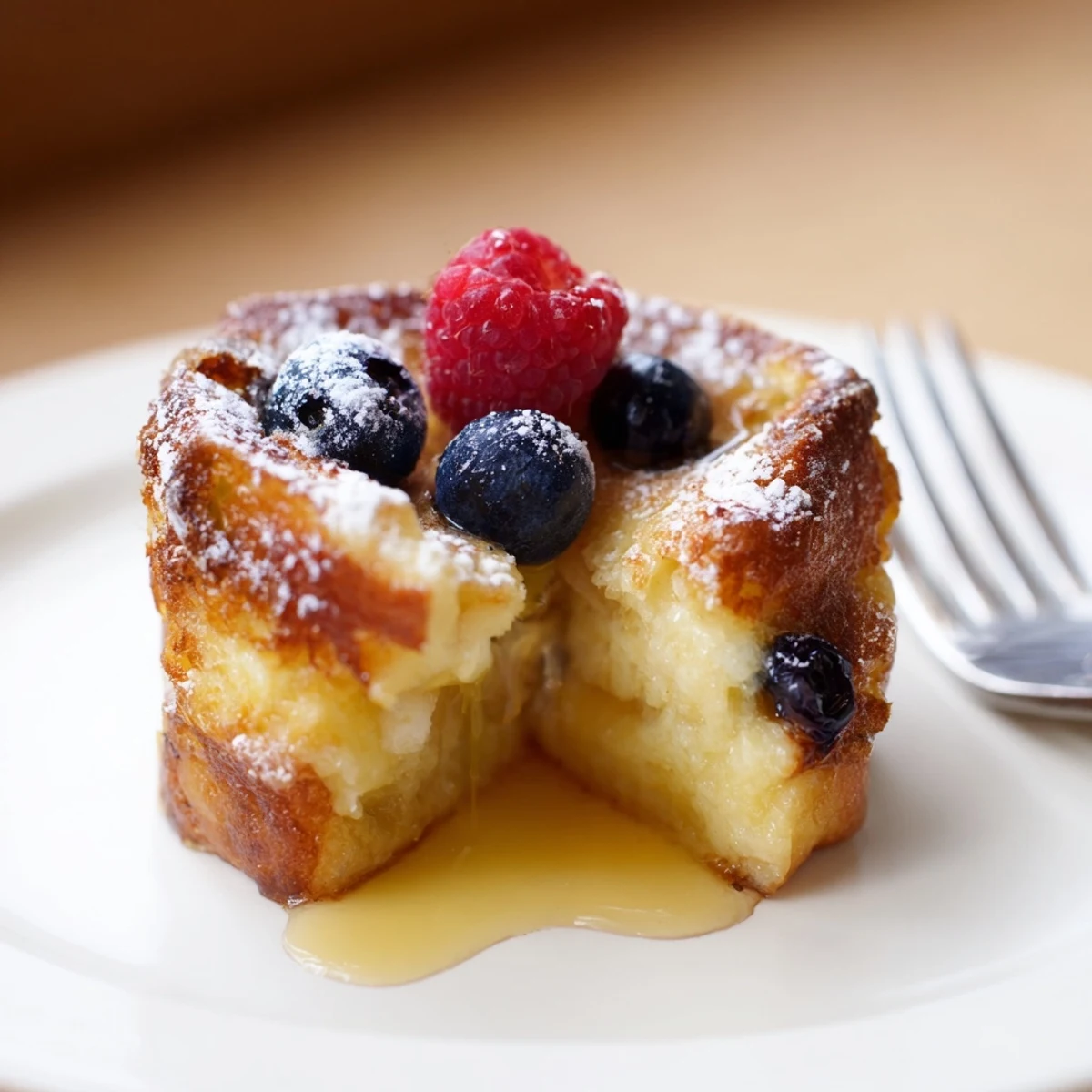 Warm Baked French Toast Cups served in muffin tin, dusted with powdered sugar.