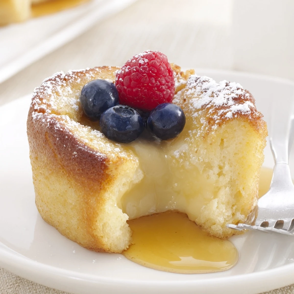Family-style Baked French Toast Cups soaked in custard overnight, drizzled with maple syrup.