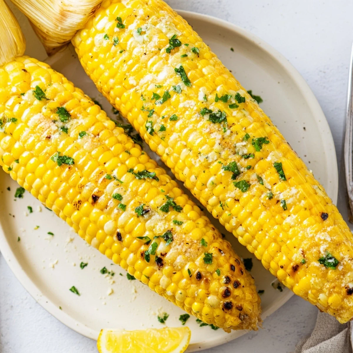 Grilled Garlic Parmesan Corn On The Cob glistening with garlic butter, charred kernels.