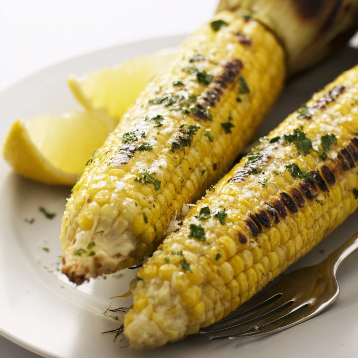 Butter-brushed Garlic Parmesan Corn On The Cob served hot with lemon wedge.