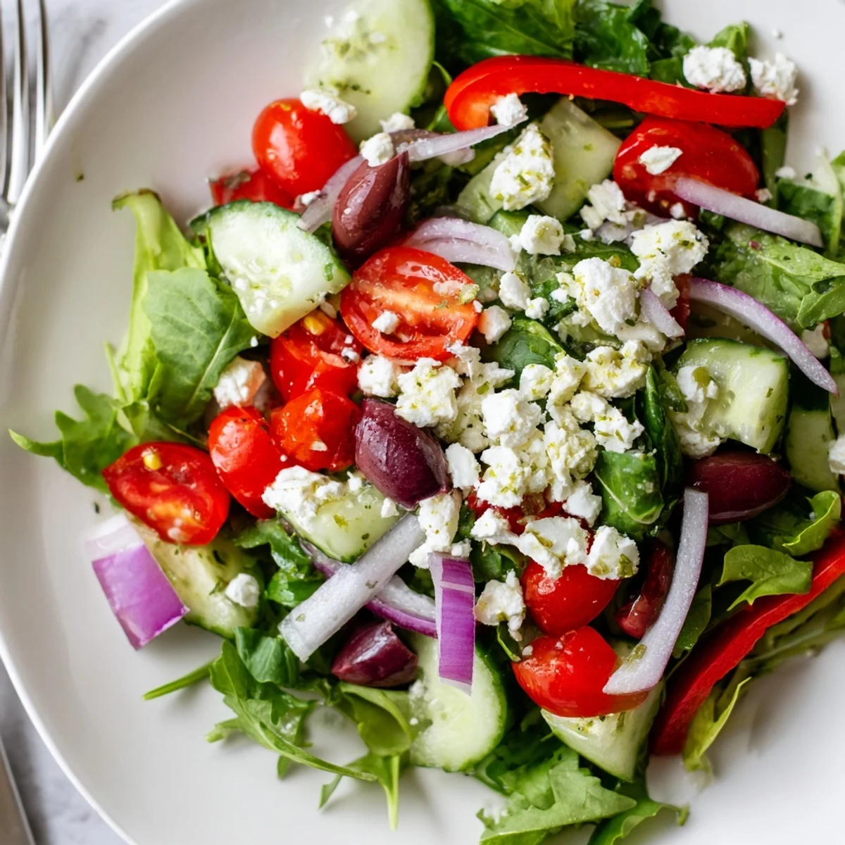 Bright Fresh Salad Recipe tossed in olive oil, feta, and pepper