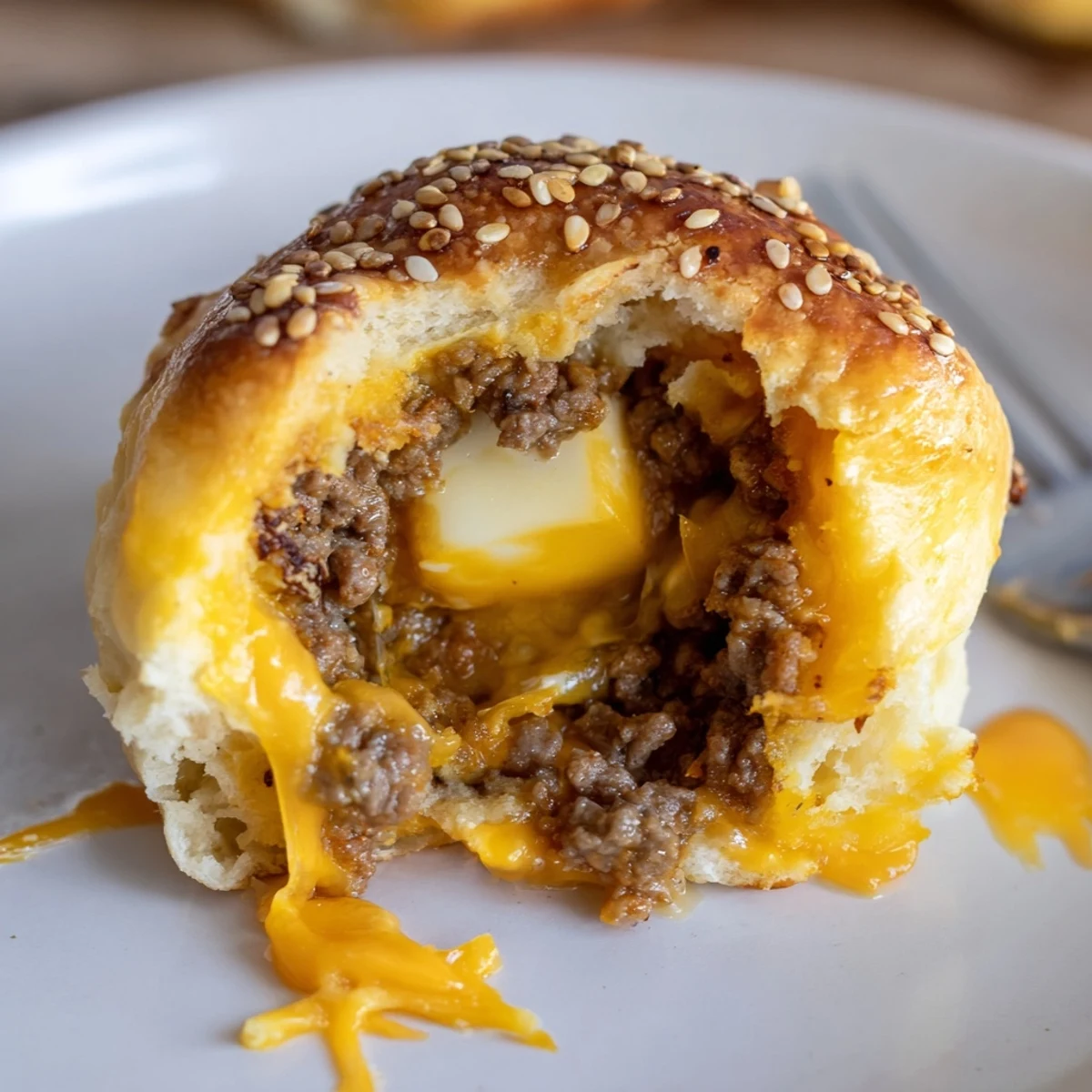 Golden, gooey Cheesy Cheeseburger Bombs Explosion Recipe on parchment, sesame-topped, steaming