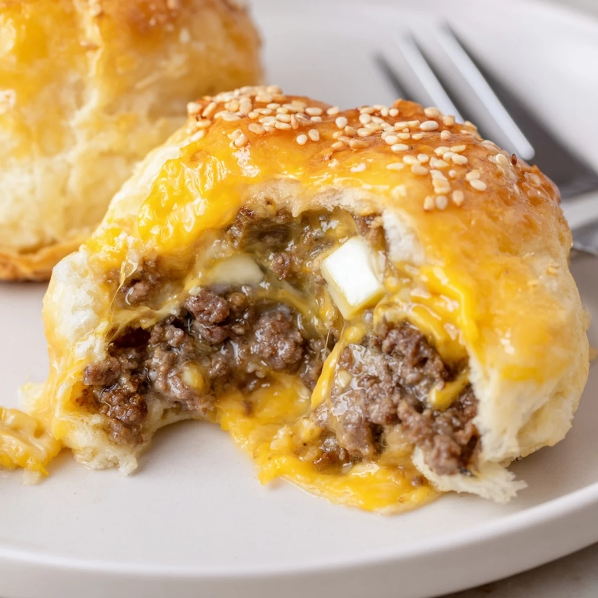 Handheld Cheesy Cheeseburger Bombs Explosion Recipe split open, oozing melted cheddar