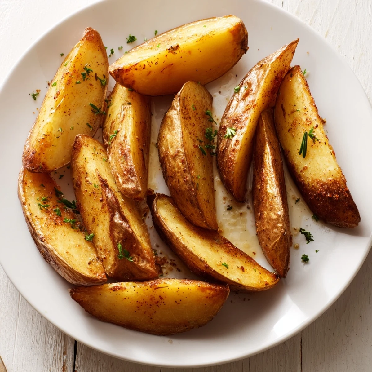 Crispy oven-baked Potato Wedges with golden edges, fluffy interior, sprinkled parsley