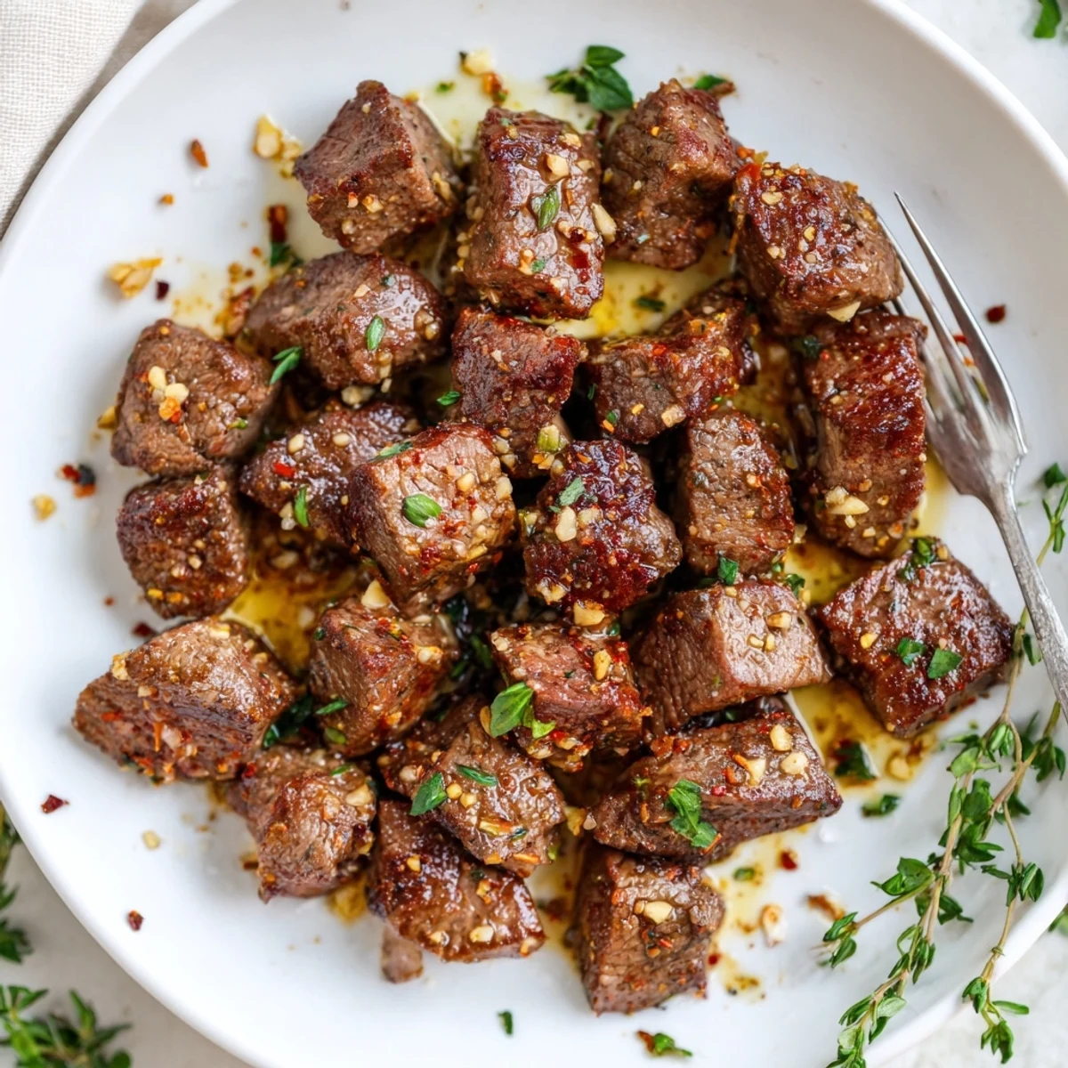 Hearty Garlic Butter Steak Bites seared in cast-iron skillet, perfect over mashed potatoes.
