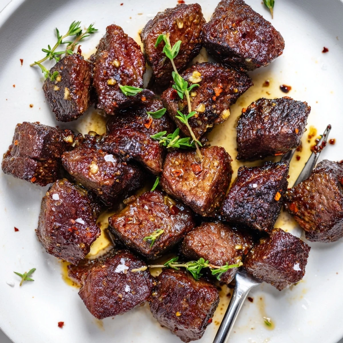 Sizzling, browned Garlic Butter Steak Bites glistening in butter, sprinkled with parsley.