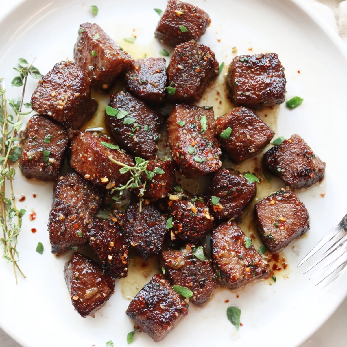 Garlicky, juicy Garlic Butter Steak Bites tossed in sauce, served with crusty bread.