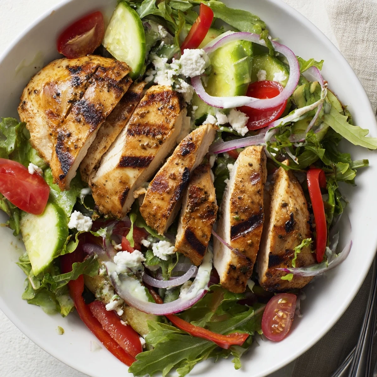 Juicy grilled slices atop crisp greens — Grilled Chicken Salad Avocado Herb Dressing Recipe