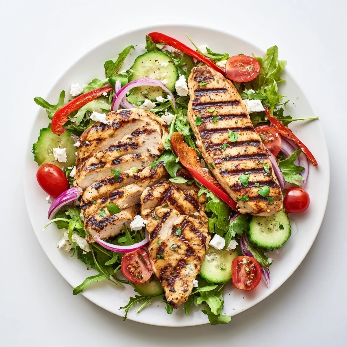 Bright summer plate featuring Grilled Chicken Salad Avocado Herb Dressing Recipe and crumbled feta