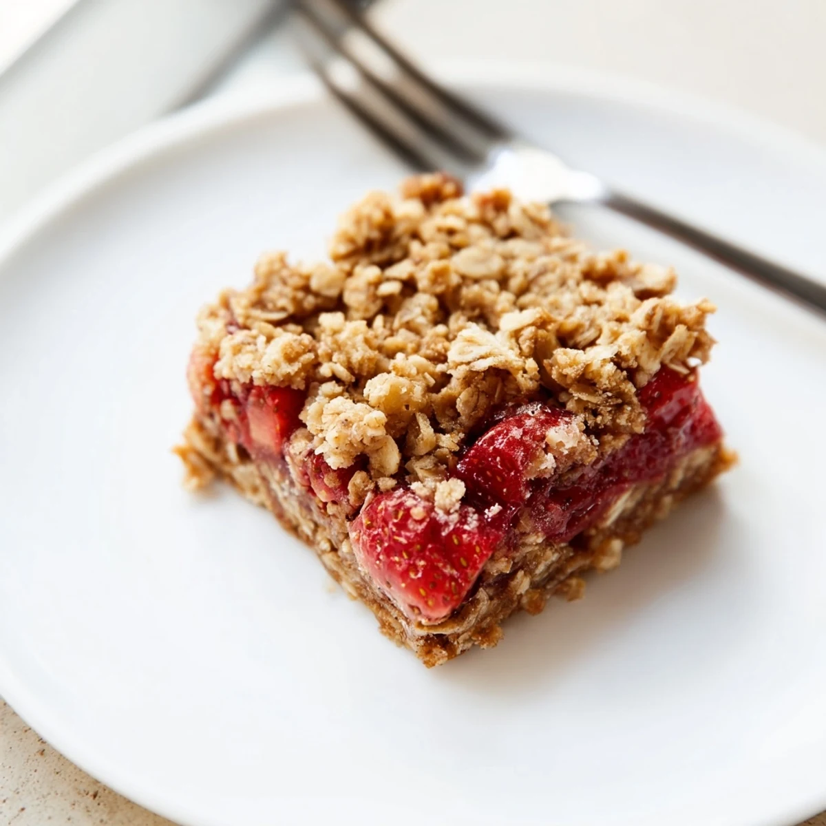 Warm Strawberry Oatmeal Crumble Bars with bubbling filling and golden oat topping