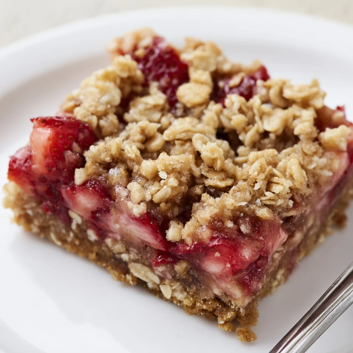 Stacked Strawberry Oatmeal Crumble Bars on parchment, steam rising, hint of lemon