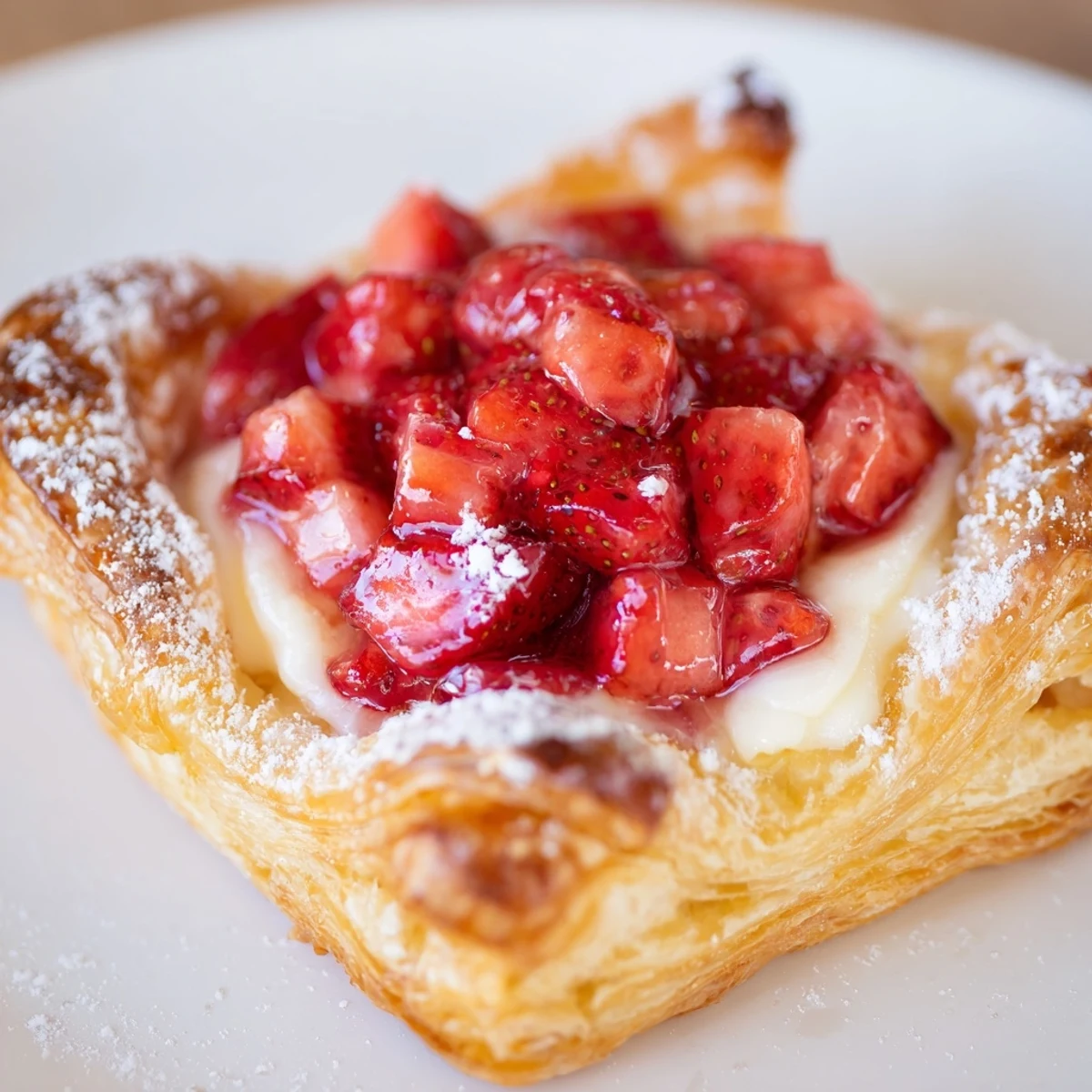 Strawberry Danish Recipe: golden flaky pastry with cream cheese and glazed strawberries.